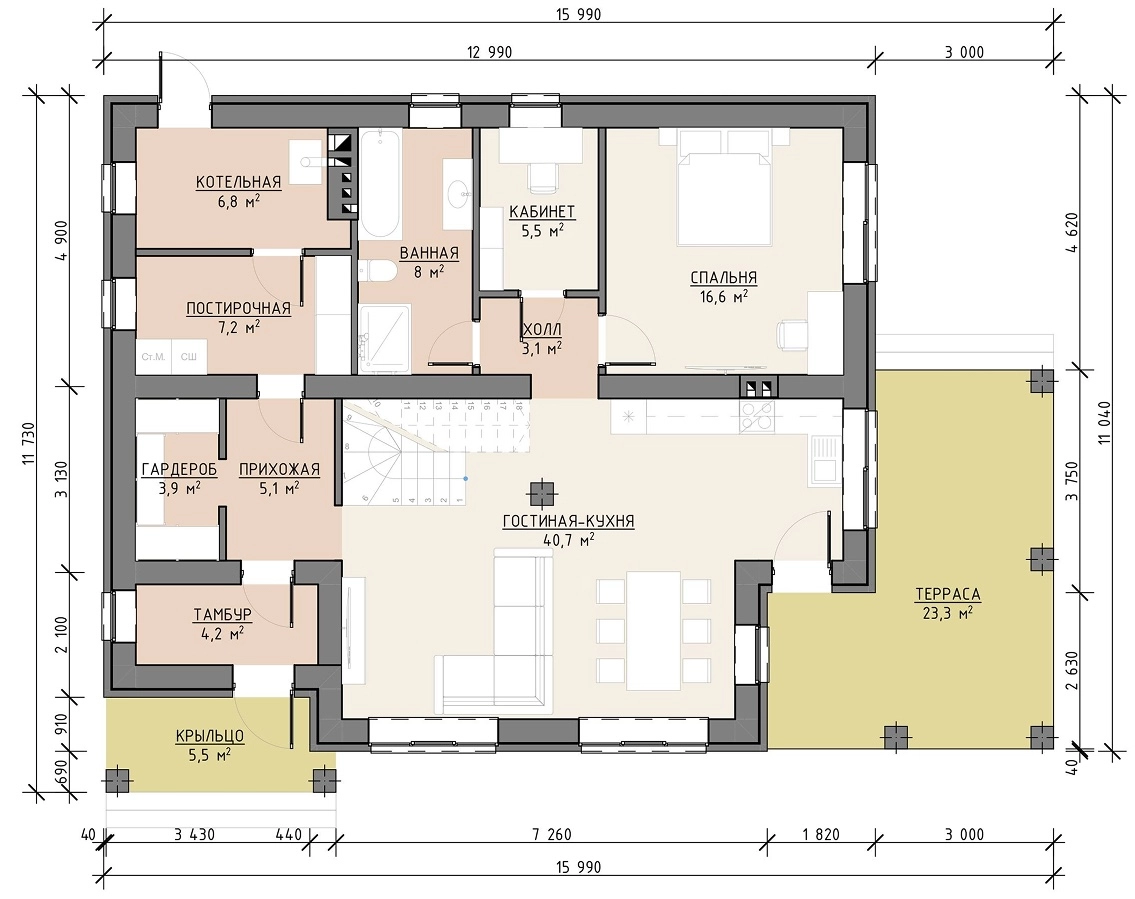 Планировка первого этажа дома 198 м² с кухней-гостиной, санузлом и техническими помещениями