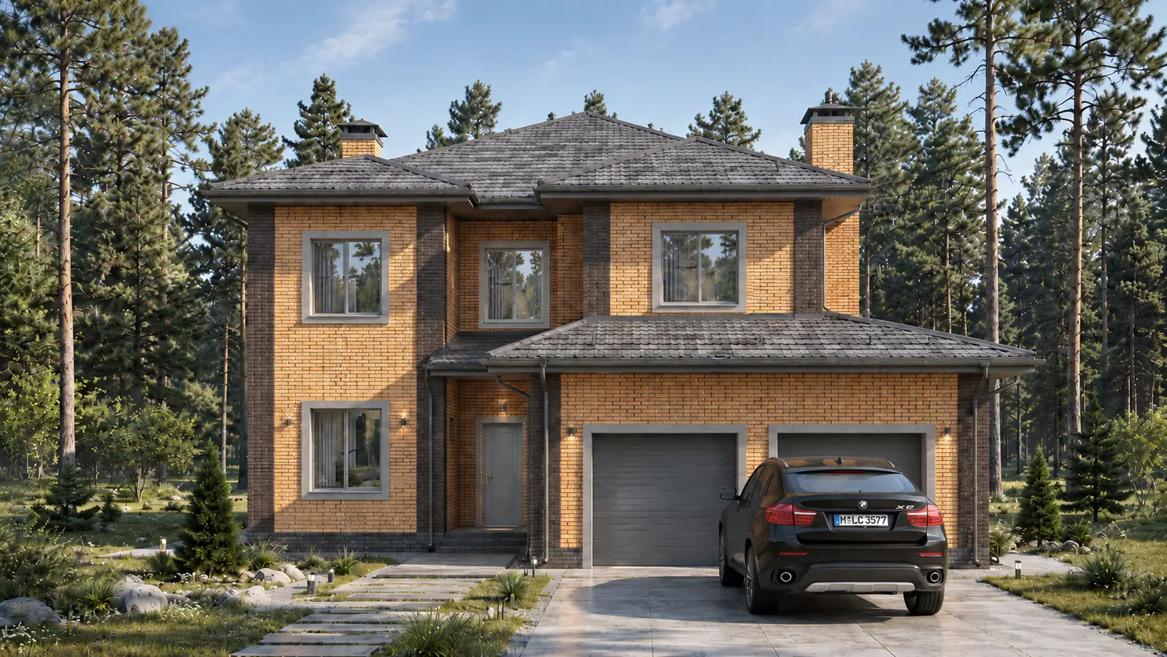 3D-визуализация дома Кузембаев 382 м²: главный фасад кирпичного дома с гаражом