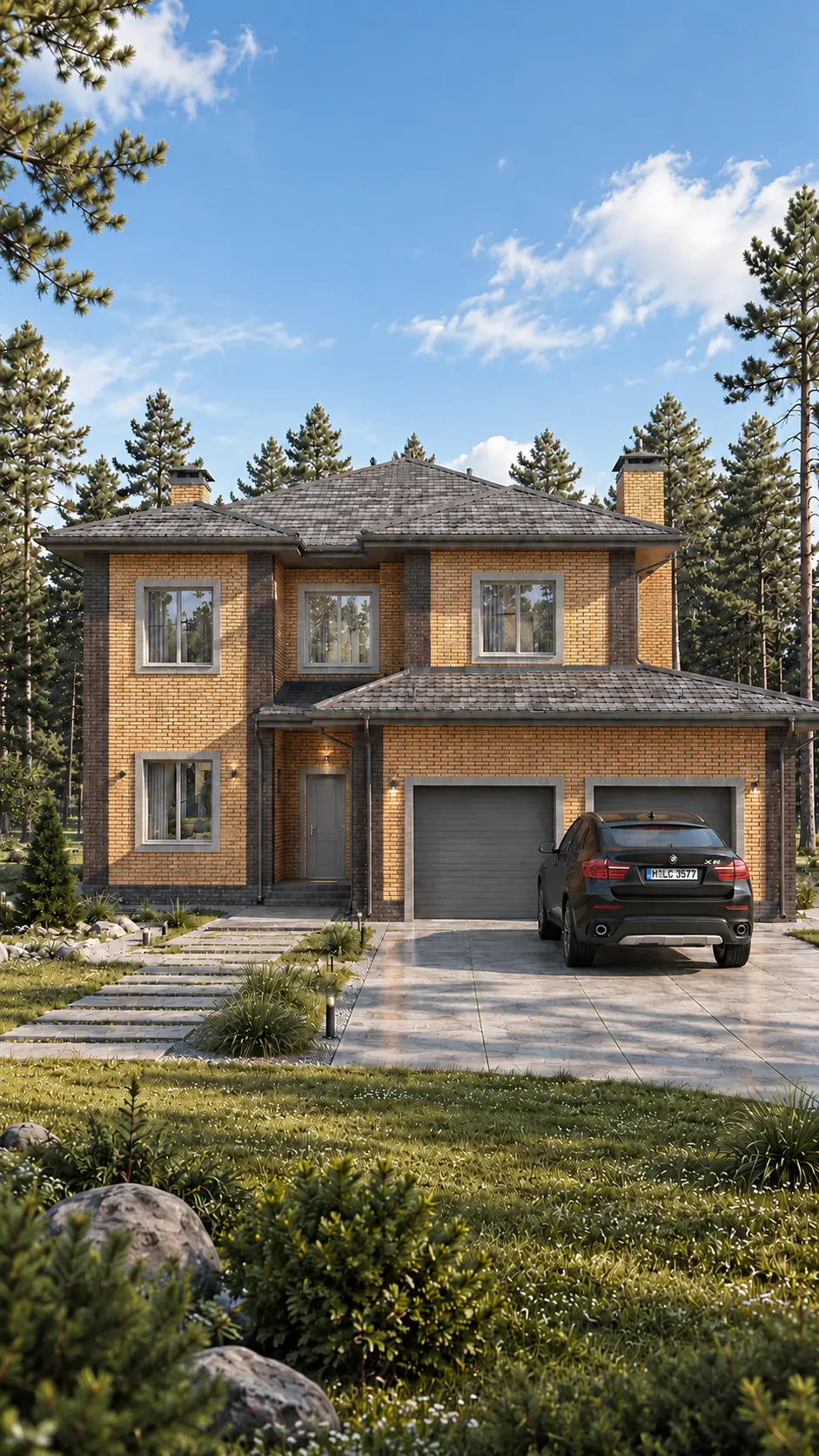 3D-визуализация дома Кузембаев 382 м²: главный фасад кирпичного дома с гаражом