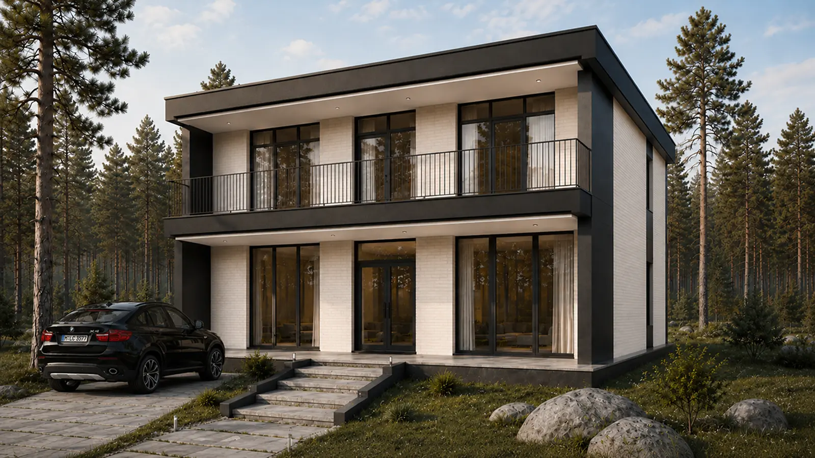 3D-визуализация дома Тихонов 267 м²: входной фасад под углом