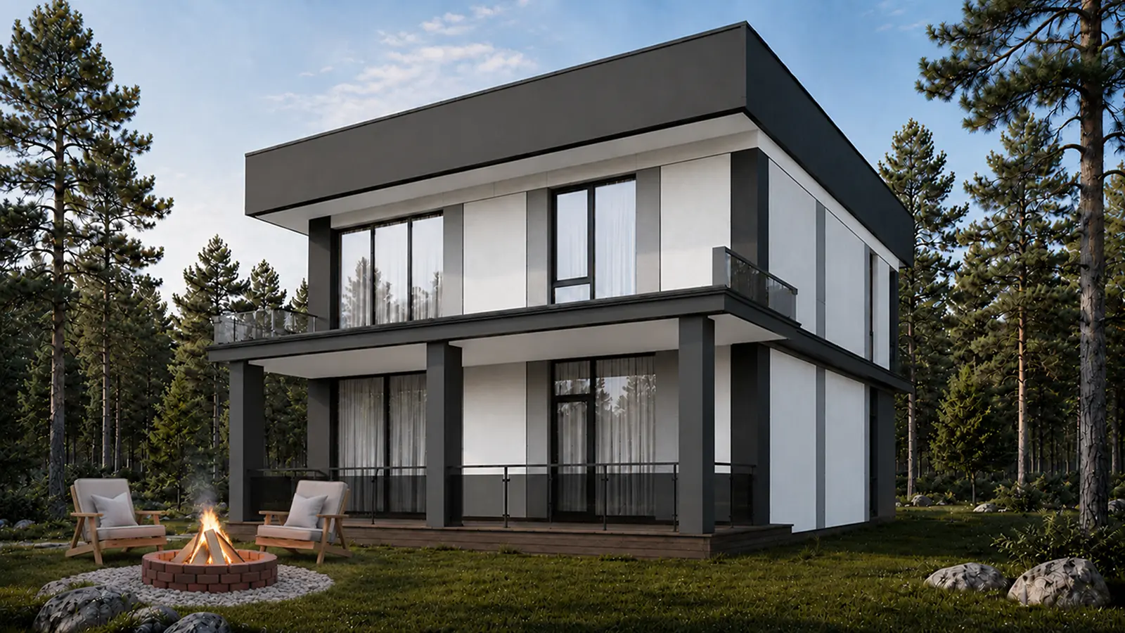 3D-визуализация дома Тихонов 267 м²: общий вид со стороны террасы