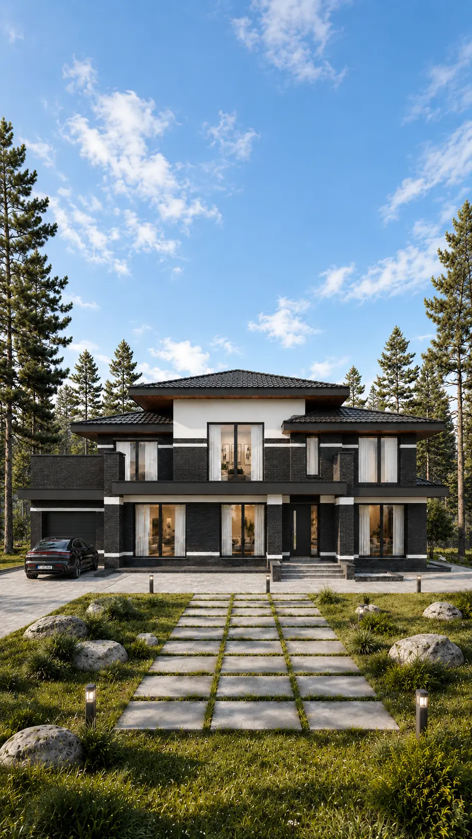 3D-визуализация дома Минкус 524 м²: главный фасад с широкими балконами