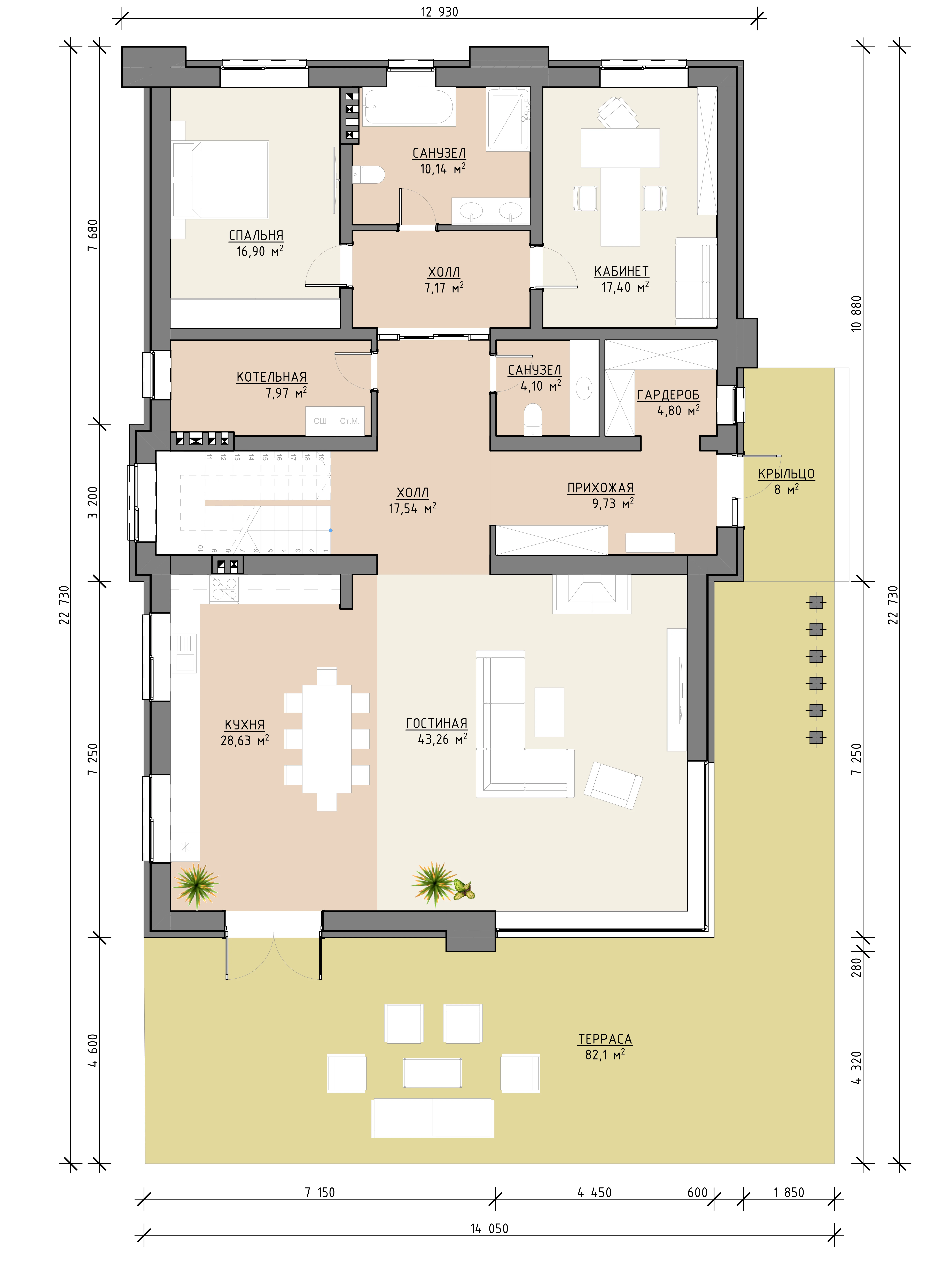 Планировка первого этажа двухэтажного дома 405 м² с кухней, гостиной, спальней, гардеробной, санузлом и большой террасой