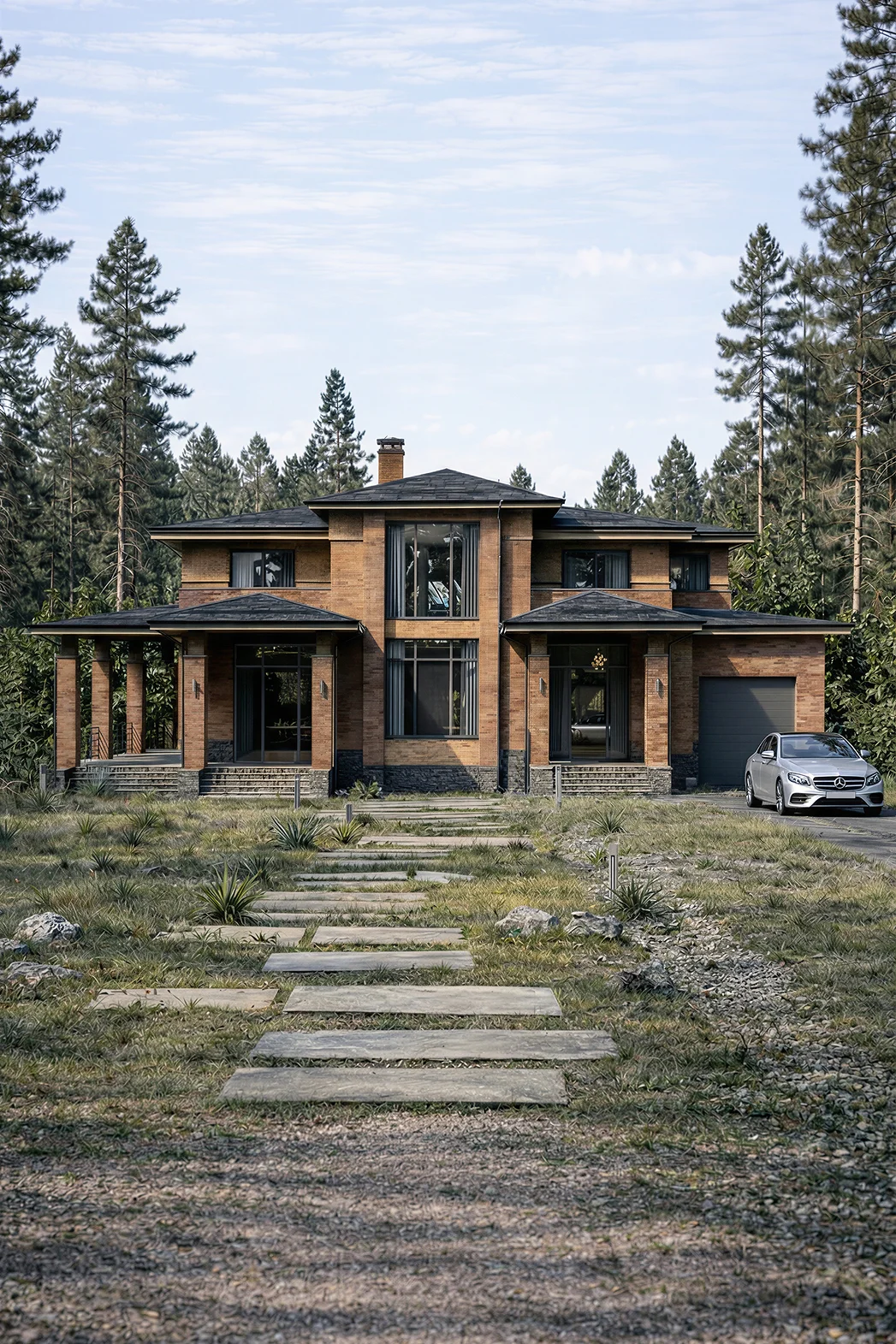 Проект двухэтажного дома 460 м² в современной классике с гаражом и вальмовой кровлей