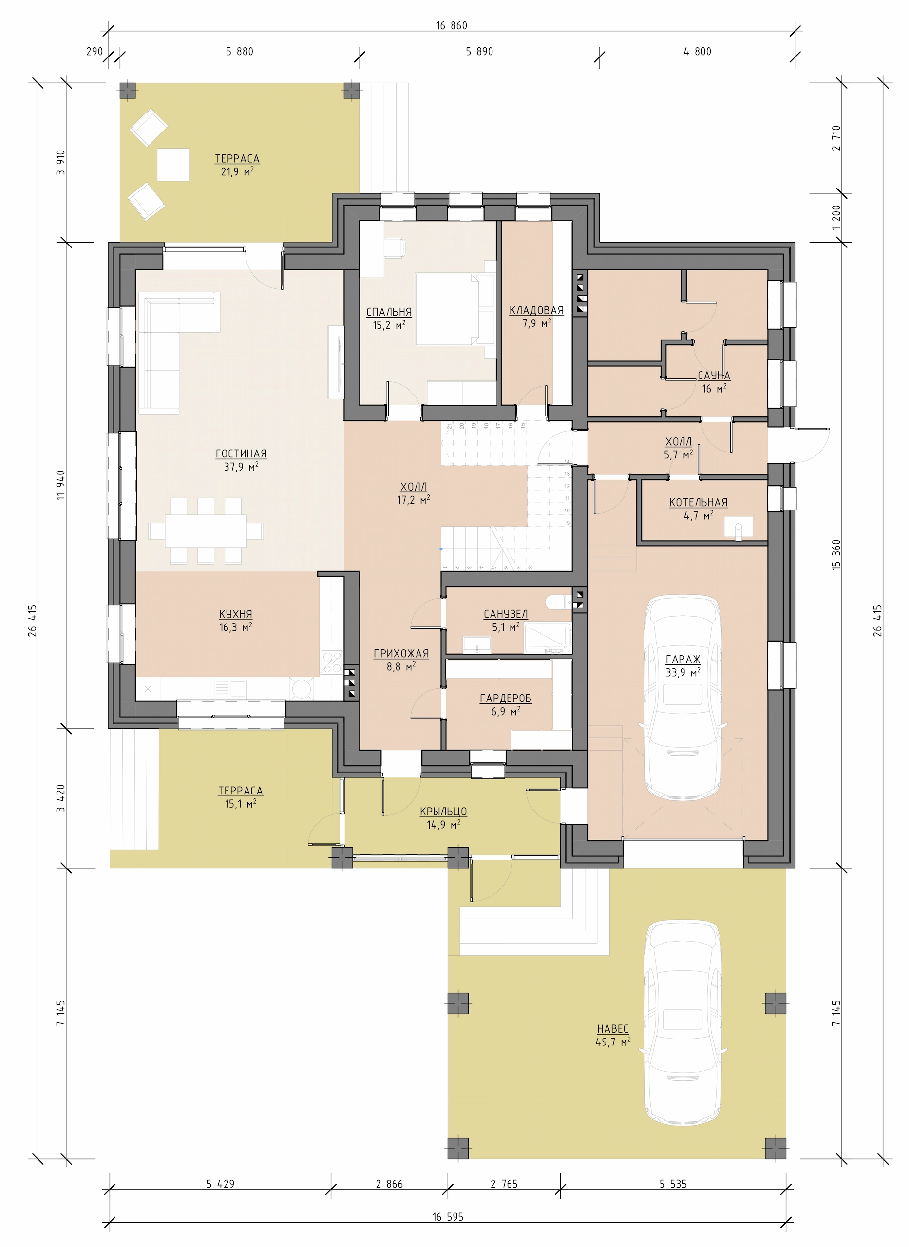 Планировка первого этажа двухэтажного дома 445 м² с кухней-гостиной, террасой и гаражом