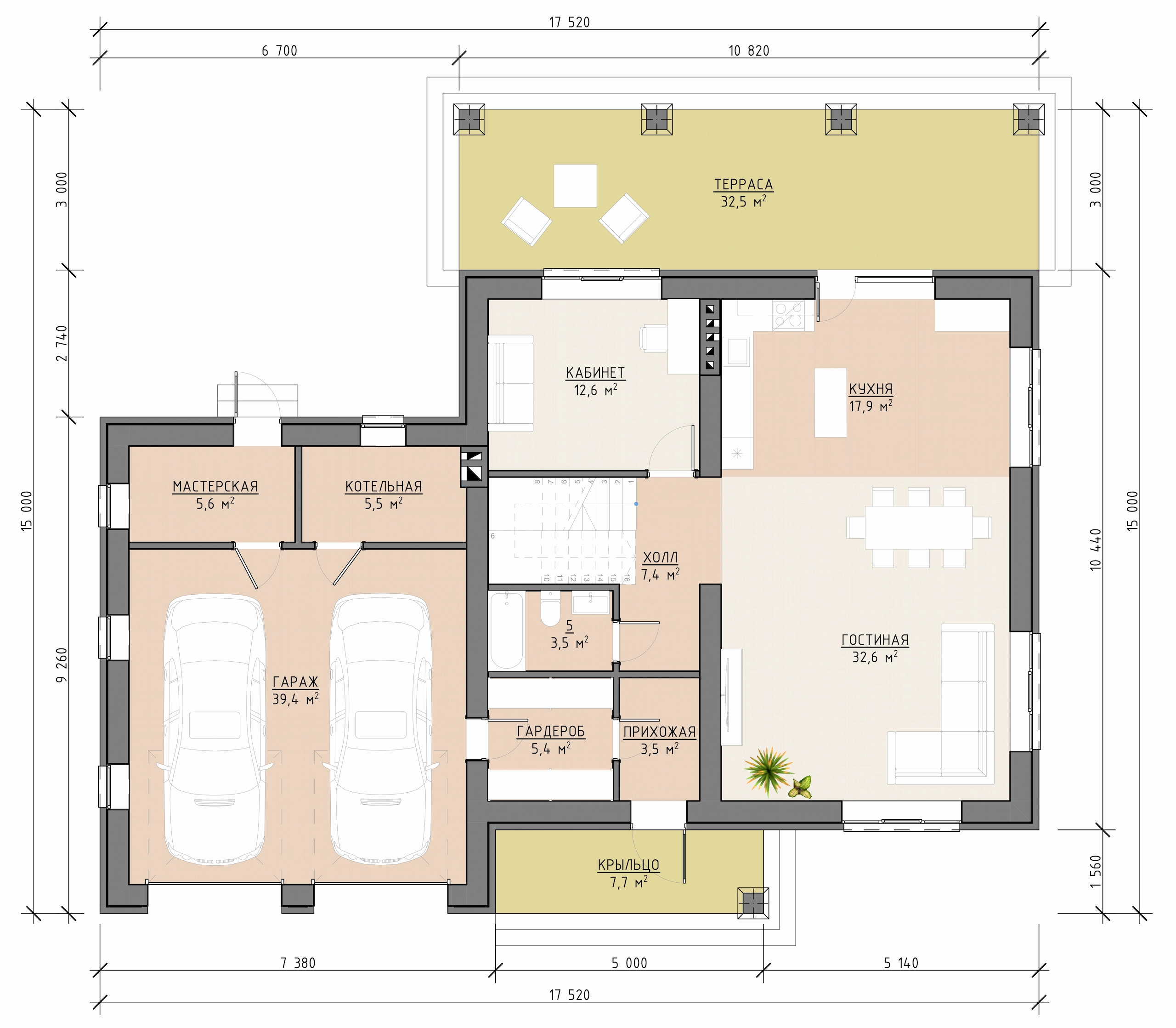 Планировка первого этажа двухэтажного дома 257 м² с кухней-гостиной, террасой и гаражом