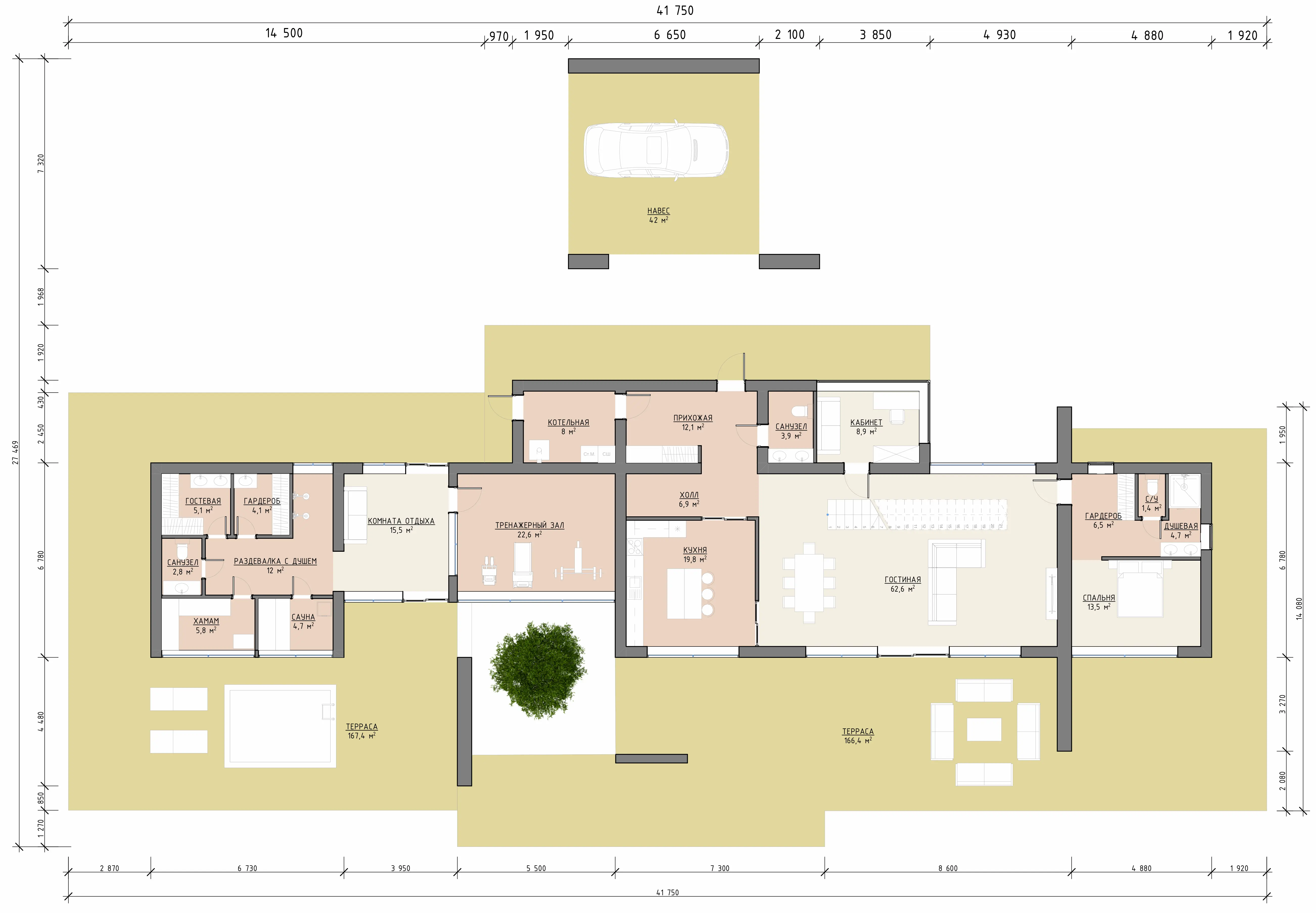 Планировка первого этажа двухэтажного дома 738 м² с кухней-гостиной, кабинетом, террасой и сауной