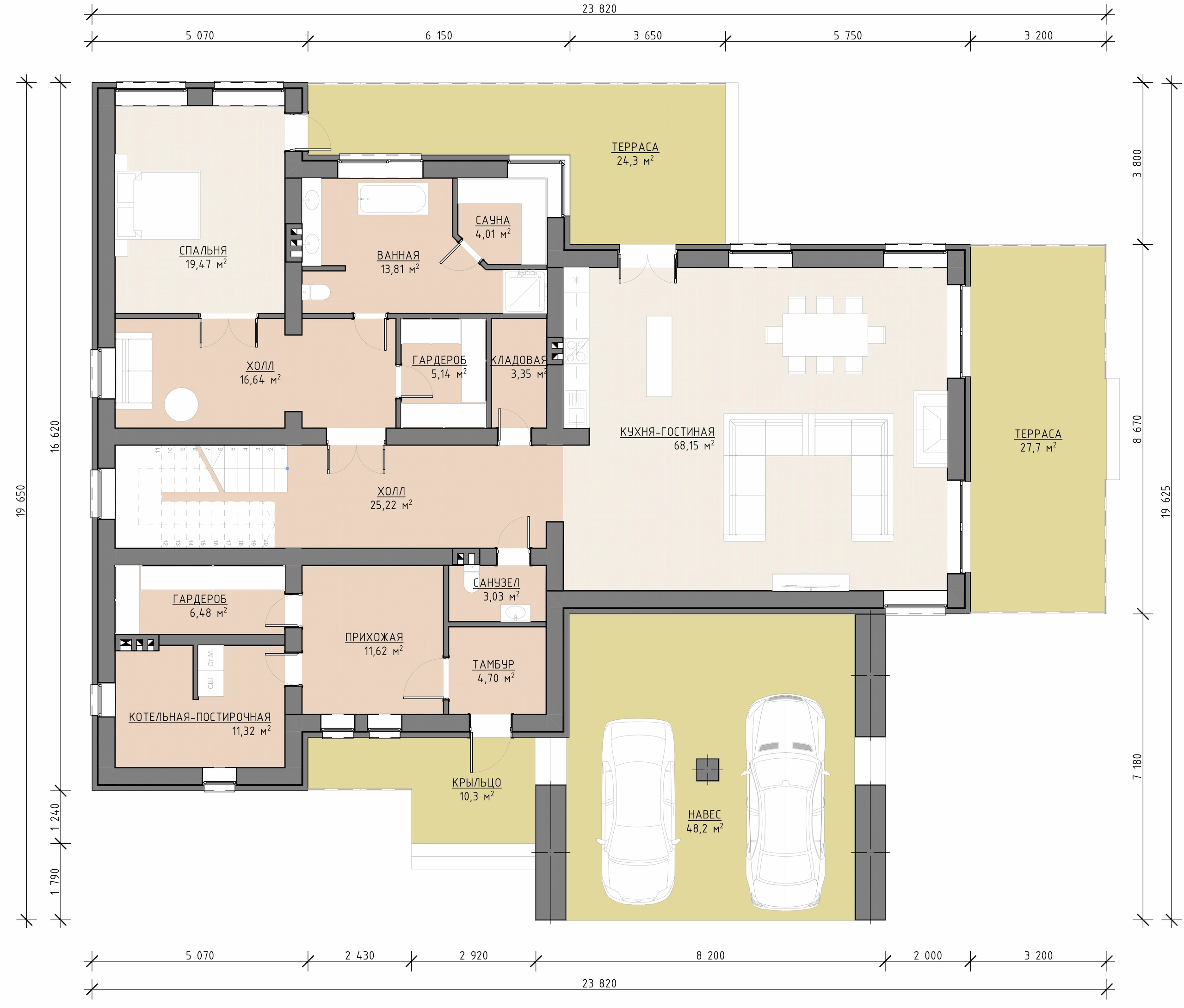 Планировка первого этажа двухэтажного дома 505 м² с кухней-гостиной, кабинетом, террасой и сауной
