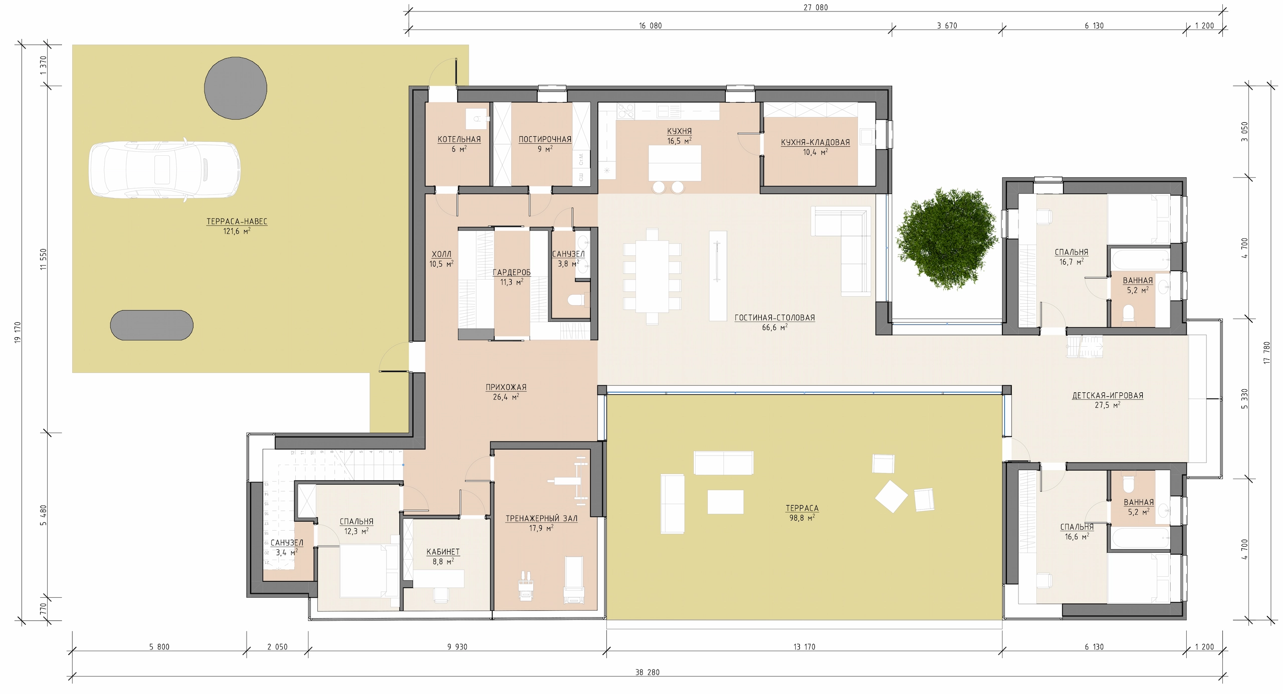 Планировка первого этажа двухэтажного дома 593 м² с кухней-гостиной, кабинетом и террасой